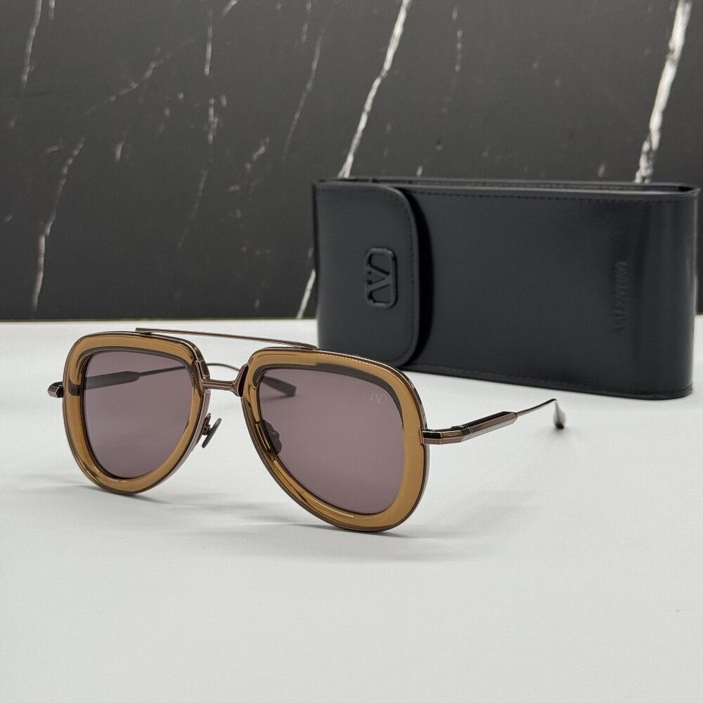 NEW VALENTINO VLS-129D BROWN AVIATOR SUNGLASSES VALENTINO